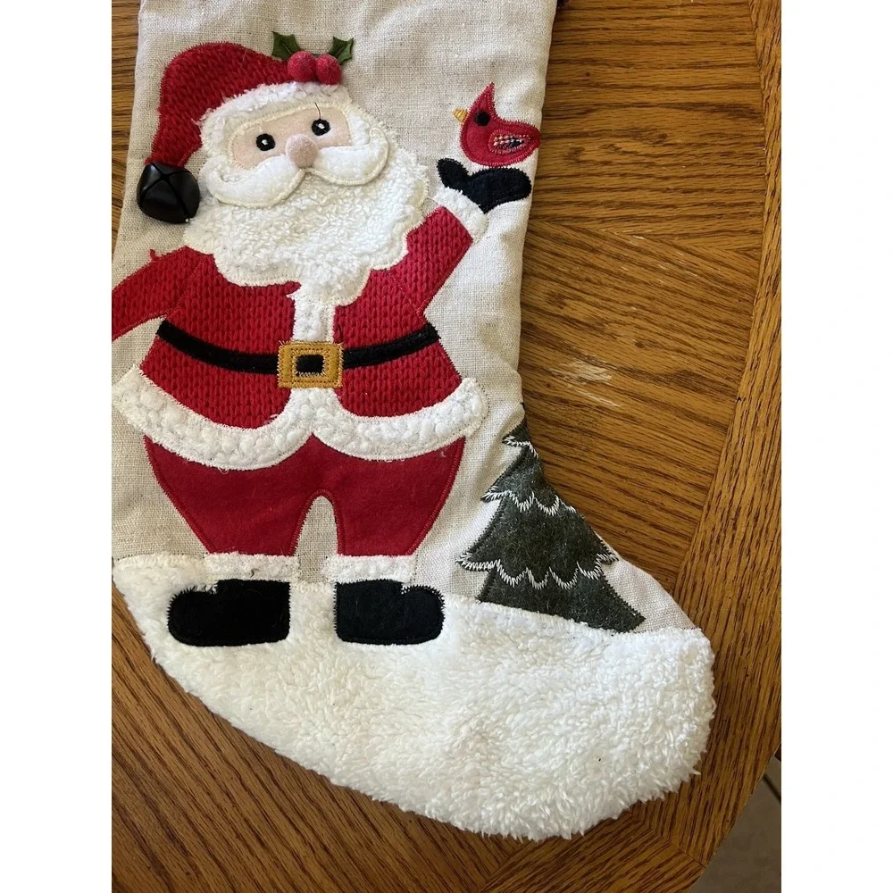 Christmas Stocking Fabric Cloth Beige Santa Plaid Country Rustic Primitive 17